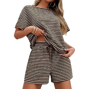 Imily Bela Women's striped pajama set, casual 2-piece set, short-sleeve loose T-shirt with drawstring shorts set - 1 of 4