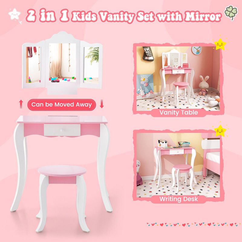 Tangkula Kid Vanity Table and Chair Detachable Tri-Folding Mirror Pretend Play Makeup Set, 4 of 10
