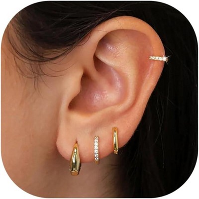 Small Gold Huggie Hoop Earrings Set for Women Men Hypoallergenic 14K Plated Stack Cartilage Earrings, Multiple Piercing