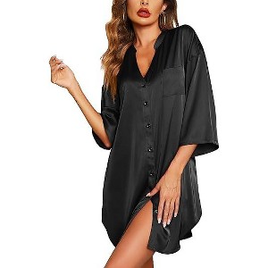 Ekouaer Satin Nightgowns for Women Silk Sleepwear Button Down Sleepshirt 3/4 Sleeve V-Neck Nightshirts with Pockets - 1 of 4
