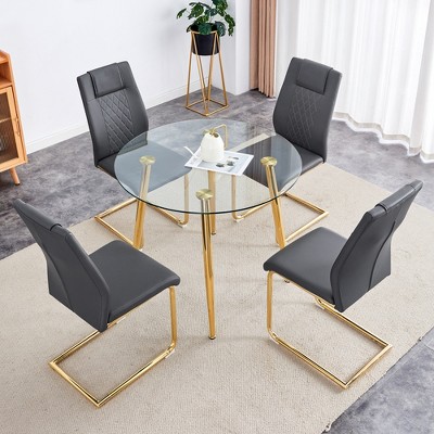 5-Piece Dining Set with Glass Round Table and 4 PU Armless Chairs