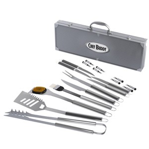 BBQ Grill Accessories Kit - 19-Piece Stainless-Steel Grilling Tools Set with Carrying Case - Camping Utensils for Summer Outdoor Cooking by Chef Buddy - 1 of 4