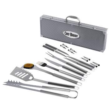 BBQ Grill Accessories Kit - 19-Piece Stainless-Steel Grilling Tools Set with Carrying Case - Camping Utensils for Summer Outdoor Cooking by Chef Buddy