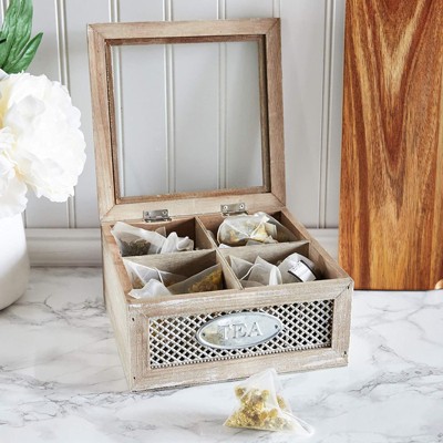Rustic Light Brown Wooden Tea Bag Organizer with Clear Lid