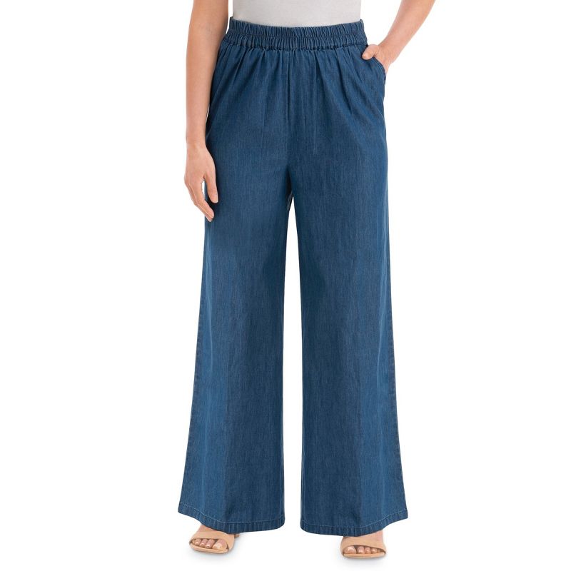 Collections Etc Pull-On Denim Wide-Leg Pants with Elasticized Waist, 1 of 5