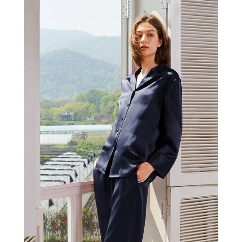 Mommesilk L Classic Silk Pajamas Set for Women-Navy Blue