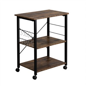 SEVOBAL Kitchen Storage 3 Tier Vintage Board Top Metal Frame Bakers Rack with Wheels and Hooks, Black, 29.33"*18.11"*4.92" - 1 of 4