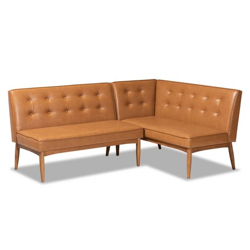 2pc Arvid Mid Century Faux Leather Upholstered Wood Dining Corner Sofa Bench Set Walnut Brown Baxton Studio