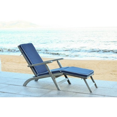 Elegant Oceanliner Inspired Acacia Wood Lounge Chair with Navy Cushion