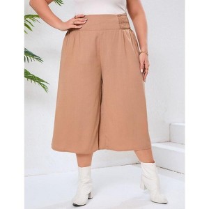 Coolmee Women Plus Size Palazzo Pants Wide Leg Smocked Waist Casual Loose Pants with Pockets - 1 of 4