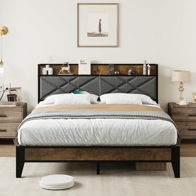 Bed Frame with Charging Station, Metal Platform Bed Frame with Button Tufted Upholstered Headboard and Storage Shelf, Metal Slats Support