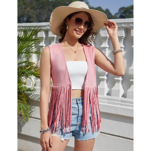 Coolmee Women's Casual Simple Vests Fashion Fringe Cardigans Tassel Sleeveless Open Front Jackets Western Faux Suede Leather Jackets M Pink - 1 of 4