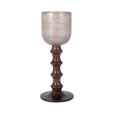 Pillar Holder with Glass Top and Turned Mango Wood and Metal Base in Modern Sculptural Design
