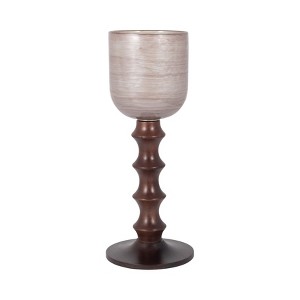 Pillar Holder with Glass Top and Turned Mango Wood and Metal Base in Modern Sculptural Design - 1 of 4