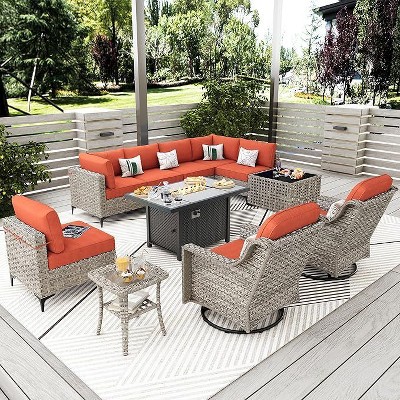 XIZZI 11-Piece Furniture Set with Rectangular Fire Pit Table, Sectional Sofa and Swivel Rocking Chairs, Furniture Set with Solar Coffee Table