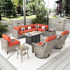XIZZI 11-Piece Furniture Set with Rectangular Fire Pit Table, Sectional Sofa and Swivel Rocking Chairs, Furniture Set with Solar Coffee Table - 1 of 1