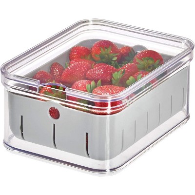 Recycled Plastic Crisp Produce Storage Containers with Lid and Colander Basket Designed to Keep Food Fresh Longer, 8.32” x 6.32” x 3.76”, Clear/Gray