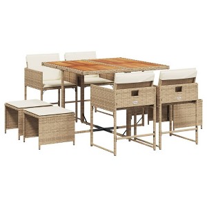 vidaXL Patio Dining Set with Cushions Table and Chairs Outdoor Poly Rattan - Beige Wood 8-Piece - 1 of 4