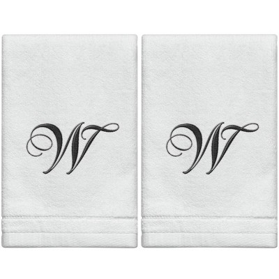 Creative Scents Set of 2 White Fingertip Monogrammed Towels, Black Embroidered