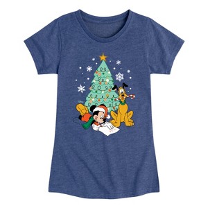 Girls' - Disney - Mickey And Pluto Xmas Tree Fitted Short Sleeve Graphic T-Shirt - 1 of 4