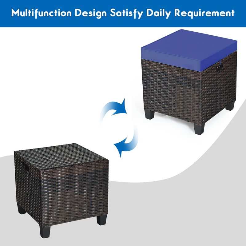 Costway 2PCS Patio Rattan Ottoman Cushioned Seat Foot Rest Coffee Table Furniture Garden Navy, 4 of 11