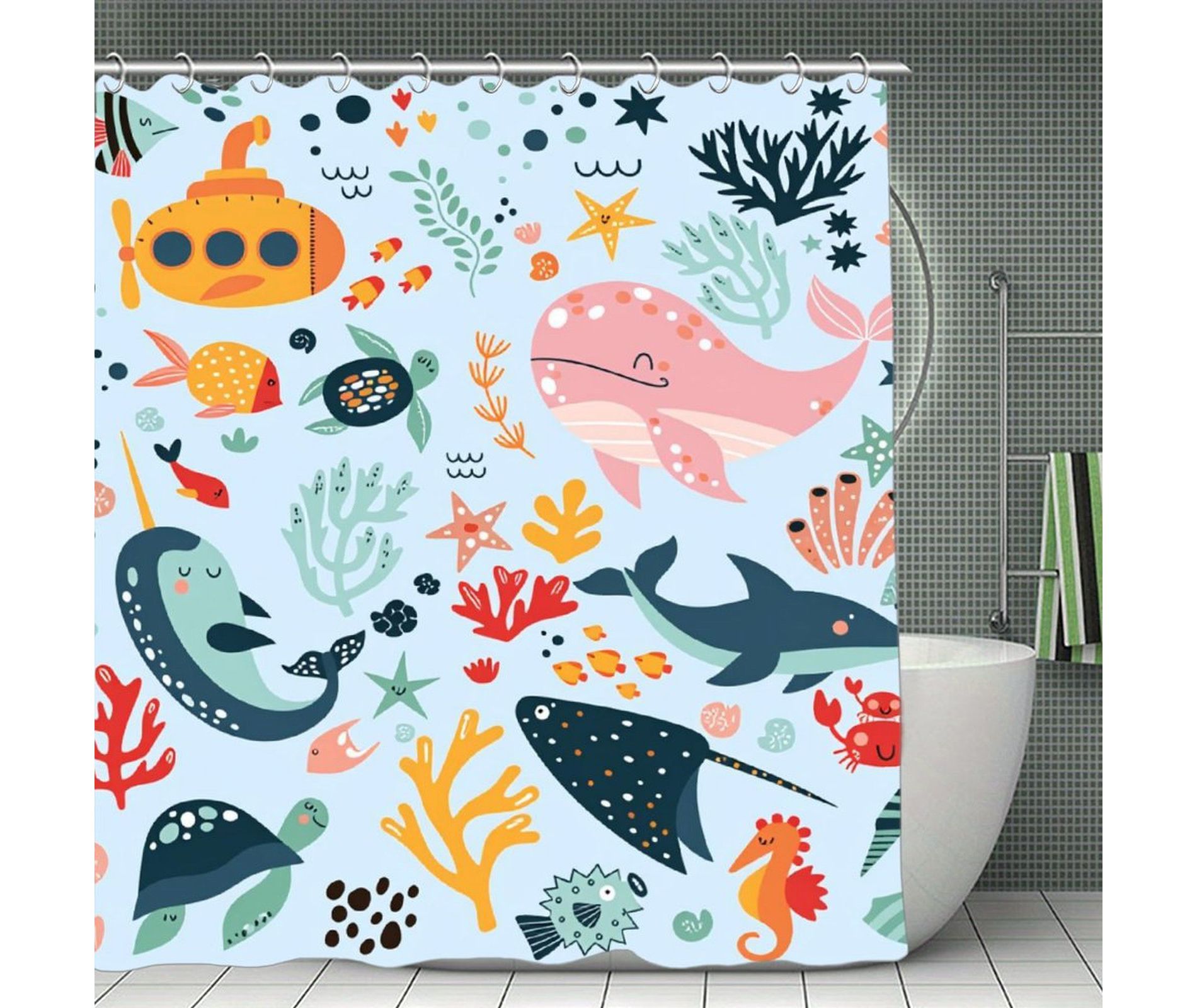 Light Blue Pastel Ocean Animals Shower Curtain - Seahorse & Ray, Polyester Waterproof Washable Curtain 70.8x70.8 Iniches