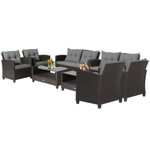 Tangkula Set Of 8 Outdoor Rattan Furniture Set PE Rattan Wicker Sectional Sofa with Loveseat Chair & Glass Table Patio Cushioned Conversation Sets - 1 of 4
