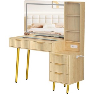 48" Fluted Makeup Vanity Desk with Mirror and Lights, Modern Makeup Table with 36" Lighted Mirror, 3 Color Modes, Built-in Outlet - 1 of 4