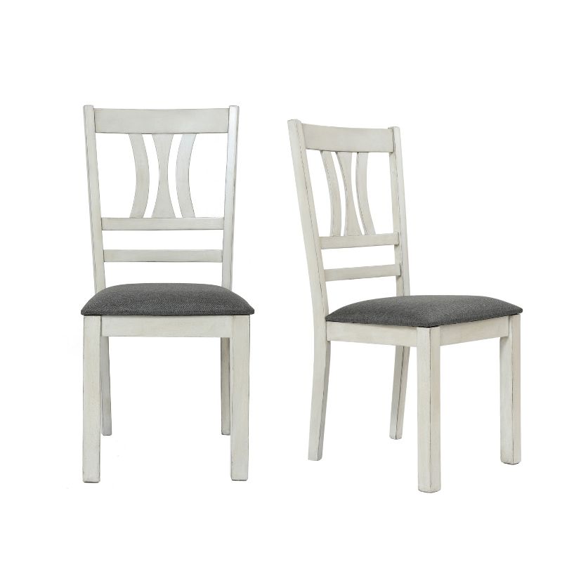 LuxenHome Set of 2 Distressed Off White Rubberwood and Gray Upholstered Seat Dining Chair, 1 of 7