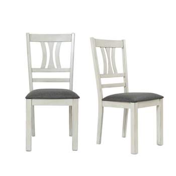 LuxenHome Set of 2 Distressed Off White Rubberwood and Gray Upholstered Seat Dining Chair
