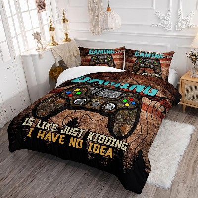 Gamer Comforter Set Full Size – Retro Gamepad Bedding 3Pcs with American Flag & Rustic Wood Design, Video Game Quilt Set with 2 Pillowcases