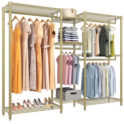 JOMEED Industrial Steel Freestanding Closet Clothing Garment Rack Organizer  with 6 Shelves and Hanging Rod for Home, Dorm, and Bedroom, Black/Brown