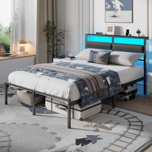 Full Size Bed Frame with Headboard, Bed Frame with LED Light and Charging Station Black Metal Platform Bedframe and Storage Shelf No Box Spring Needed - 1 of 4