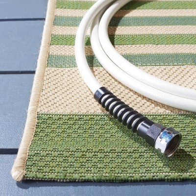 Beige & Green Striped Round Synthetic Easy-Care Area Rug