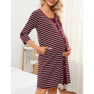 Women's Maternity Nightgown 3/4 Sleeve Striped Nursing Sleepshirt Button Breastfeeding Sleep Dress - 1 of 4