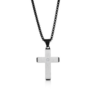 Metallo Mens Stainless Steel Black & Silver Single CZ Cross Necklace - Silver - 24 Inch - 1 of 3