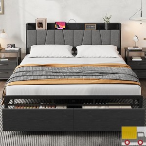 Jojoka Upholstered Bed Frame with Charging Station & Storage Drawers - Heavy Duty Metal Platform - No Box Spring Needed - 1 of 4
