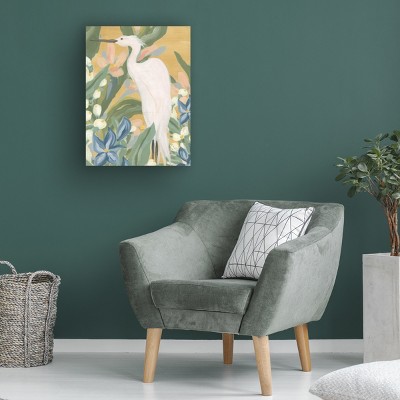 Floral Egret I White and Green Canvas Art