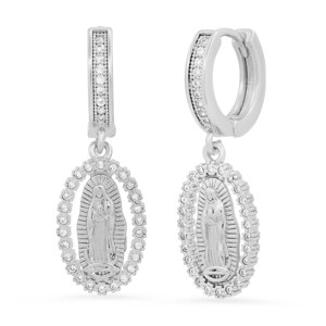 Steeltime Ladies brass simulated diamonds dangling charm Our Lady of Guadalupe huggie earrings. Color Options: White, Gold - 1 of 4