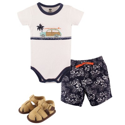Image of Hudson Baby Infant Boy Cotton Bodysuit, Shorts and Shoe 3pc Set, Surf Car, 9-12 Months