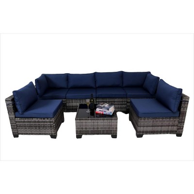 Nertpow Deluxe 7-Piece Outdoor Patio Furniture Set: Versatile Patio Set for Backyard, Lawn & Poolside Settings, Grey Rattan Blue Cushion