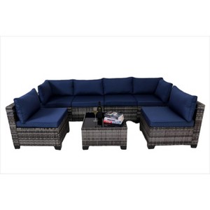 Nertpow Deluxe 7-Piece Outdoor Patio Furniture Set: Versatile Patio Set for Backyard, Lawn & Poolside Settings, Grey Rattan Blue Cushion - 1 of 4