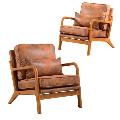 Dexmalle Set of 2 Accent Chairs Leisure Armchair with Rubber Wood Frame&Lumbar Pillow,Brown