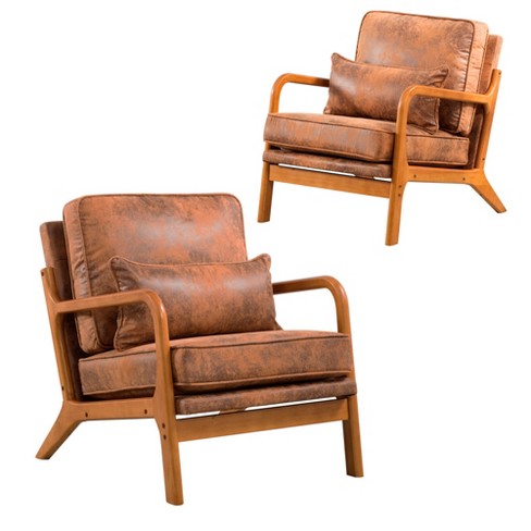 Dexmalle Set of 2 Accent Chairs Leisure Armchair with Rubber Wood Frame&Lumbar Pillow,Brown - image 1 of 4