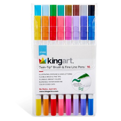 KINGART Twin-Tip Brush & Fine Pens 16 Colors