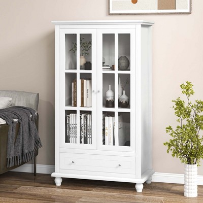 White Adjustable Wood Bookcase Cabinet with Glass Doors