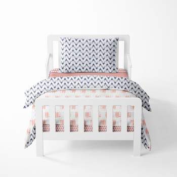 Bacati - Olivia Coral/Navy Buck/Feathers/Triangles Muslin 4 pc Toddler Bedding Set