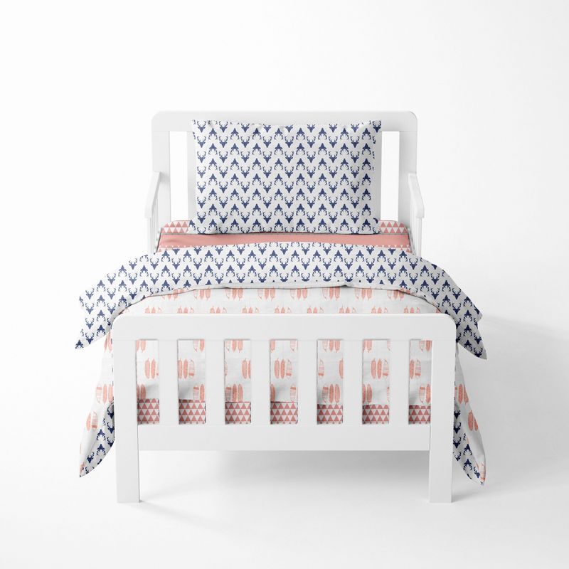 Bacati - Olivia Coral/Navy Buck/Feathers/Triangles Muslin 4 pc Toddler Bedding Set, 1 of 9