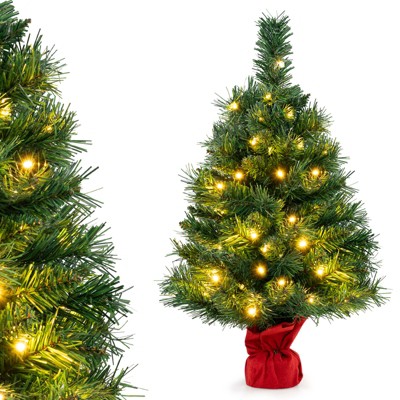 Tangkula 24"Artificial Christmas Tree Pre-Lit LED Lights for Window Side Tabletop w/ Led Lights