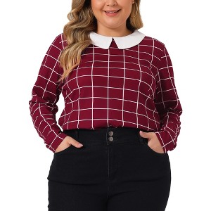 Agnes Orinda Women's Plus Size Cute Contrast Collar Plaid Long Sleeve Casual Work Blouse - 1 of 4